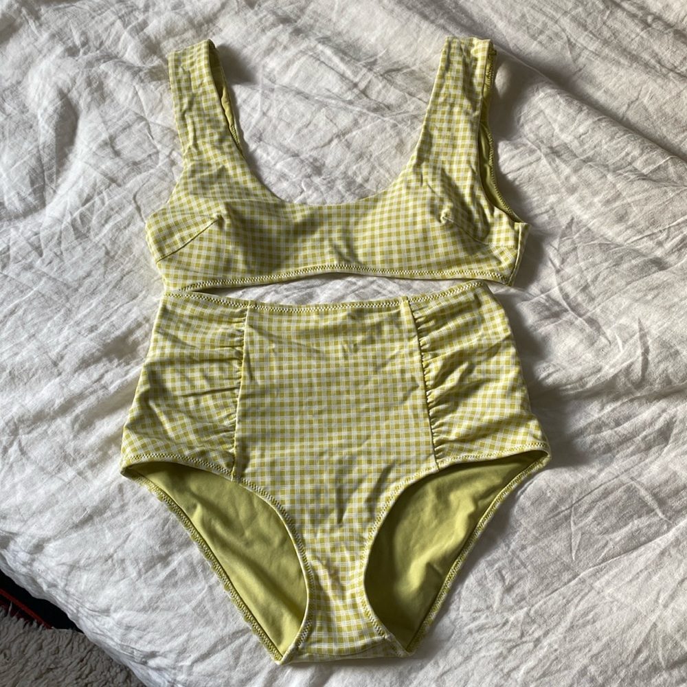 green and white gingham two piece swimsuit